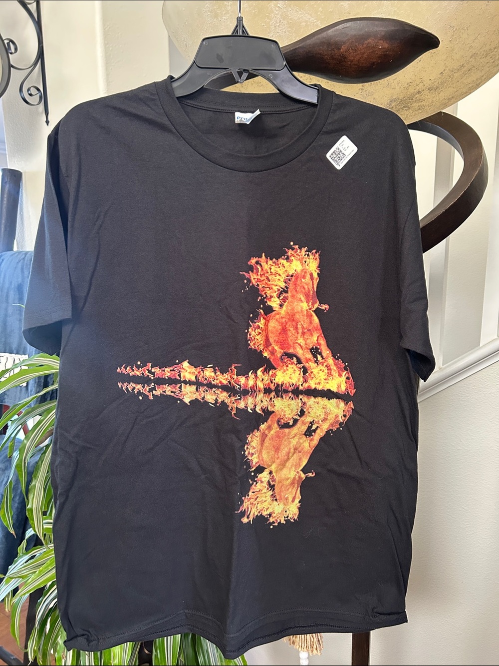 Black Men's Graphic Tee with Fiery Horse Design